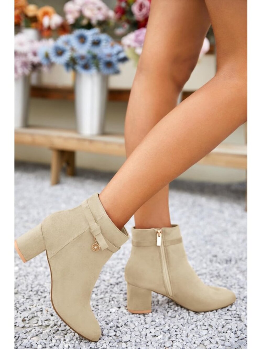Women's Beige Ankle Boots Chunky Block Low Heel Vintage Tie Knot Booties - Picture 2 of 4